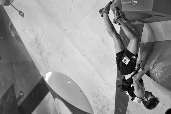 Colin Duffy of Team USA during the men's sport climbing event at the 2020 Tokyo Games.